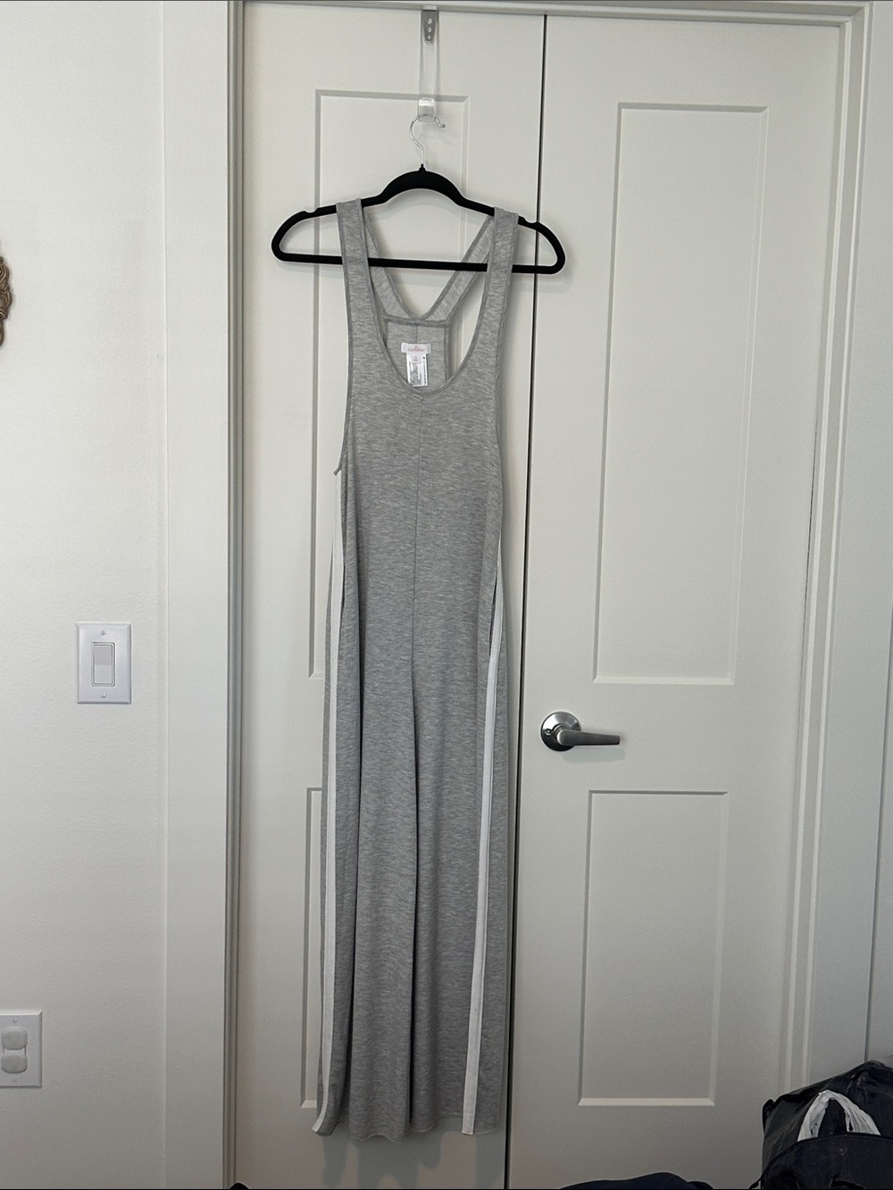 Gray Racerback jumpsuit with White Side Stripes